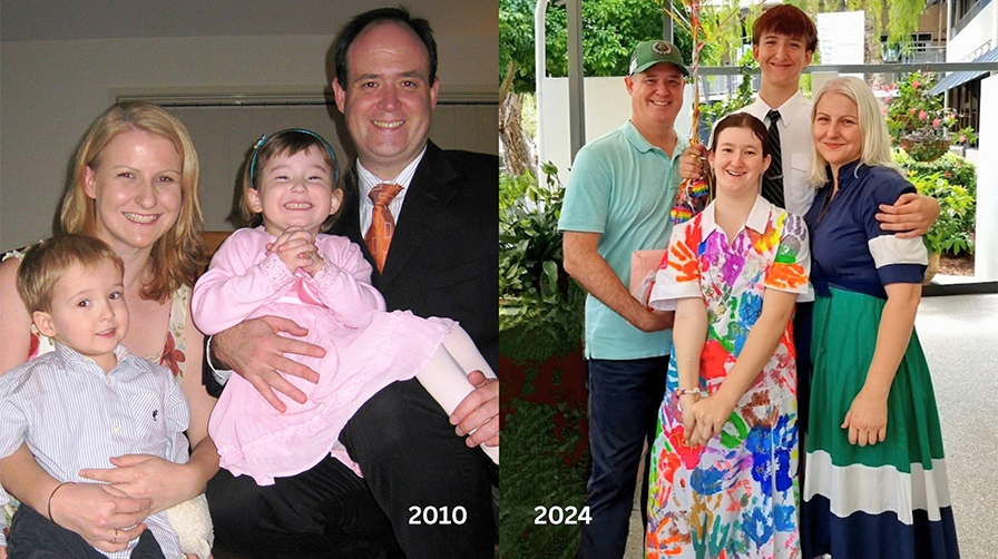 2 photos of the same family of four people side-by-side. The photo is a mother, a father and 2 young children on the left with the text 2010 written down the bottom, the right has the same family in 2024 with the children grown up.