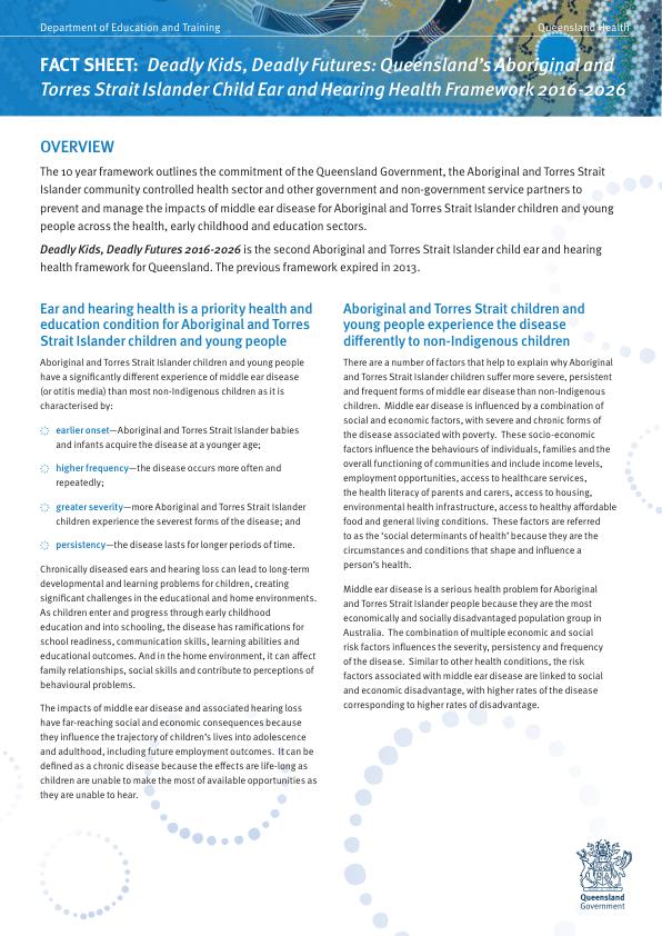 Thumbnail of FACT SHEET: Deadly Kids, Deadly Futures: Queensland’s Aboriginal and Torres Strait Islander Child Ear and Hearing Health Framework 2016-2026
