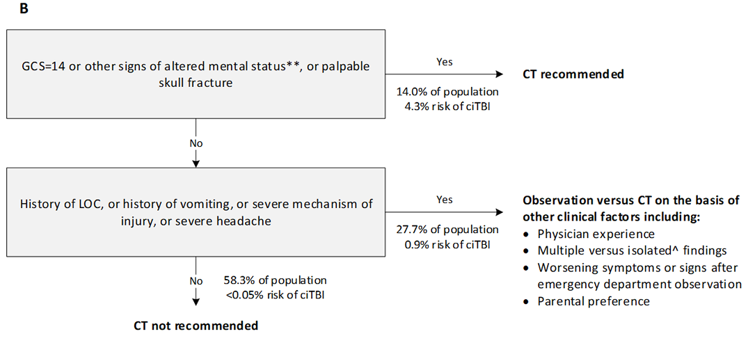 Paediatric Emergency Care Applied Research Network (PECARN) suggested CT algorithm for children older than 2 years