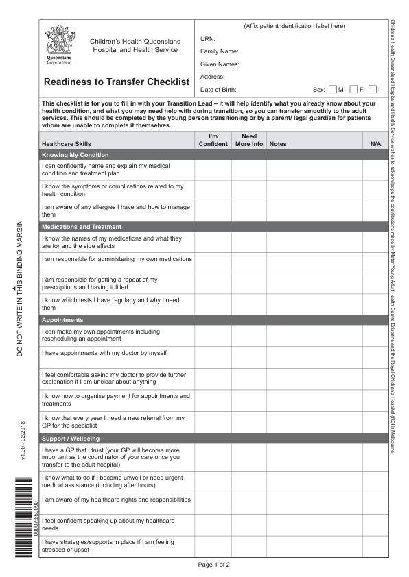 Thumbnail of Readiness to Transfer Checklist