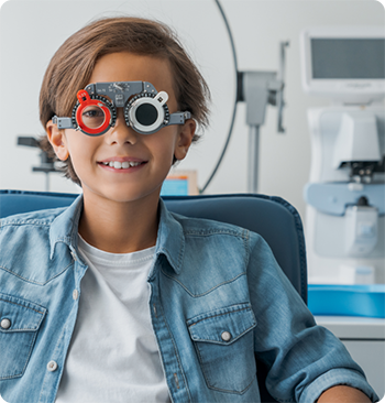 Child wearing an eye tester visual acuity examination apparatus